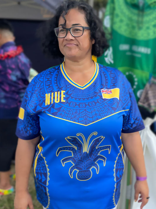 Niue Hiapo Blue V Shirt