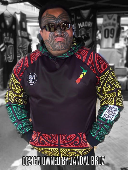 -Aotearoa Reggae hoodie Ta Moko Arms Red Yellow Green