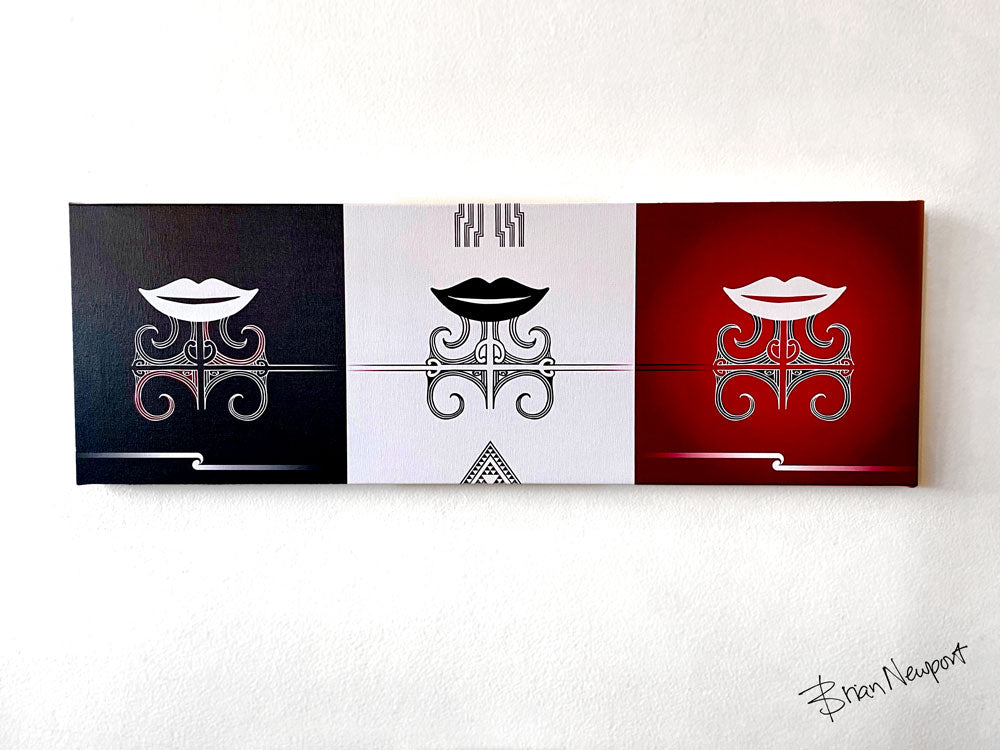 Maori art Canvas Ta moko kauae - Mana Wahine Whakataukī - Whero ma pango - Canvas 90x30cm