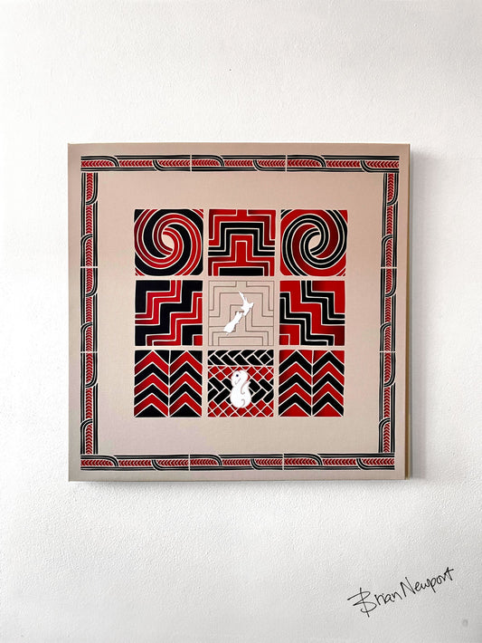 Maori art Canvas - Poutama and Pouhine balance pap - Whero pango - Canvas 60x60cm