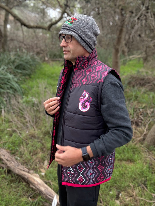 Puff vest Māori hoodie Aroha pink tāniko