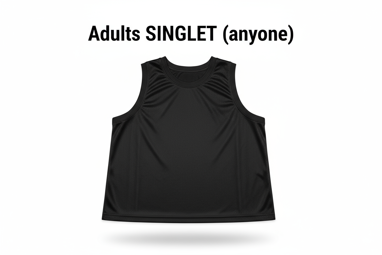 Plain black basketball singlet, "Adults SINGLET (anyone
)" written abov