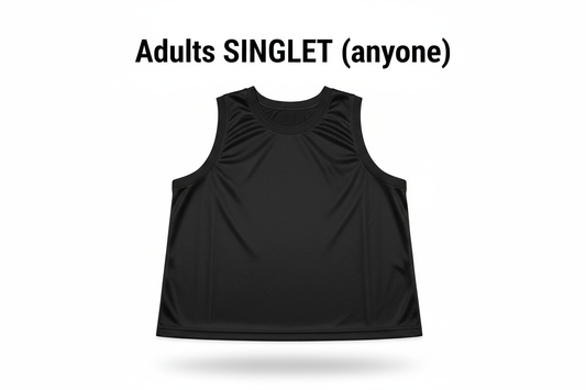Plain black basketball singlet, "Adults SINGLET (anyone
)" written abov