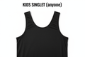 Plain black basketball singlet, "KIDS SINGLET (anyone
)" written above