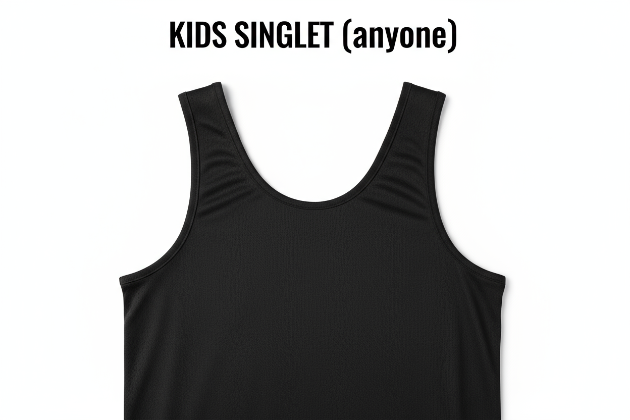Plain black basketball singlet, "KIDS SINGLET (anyone
)" written above