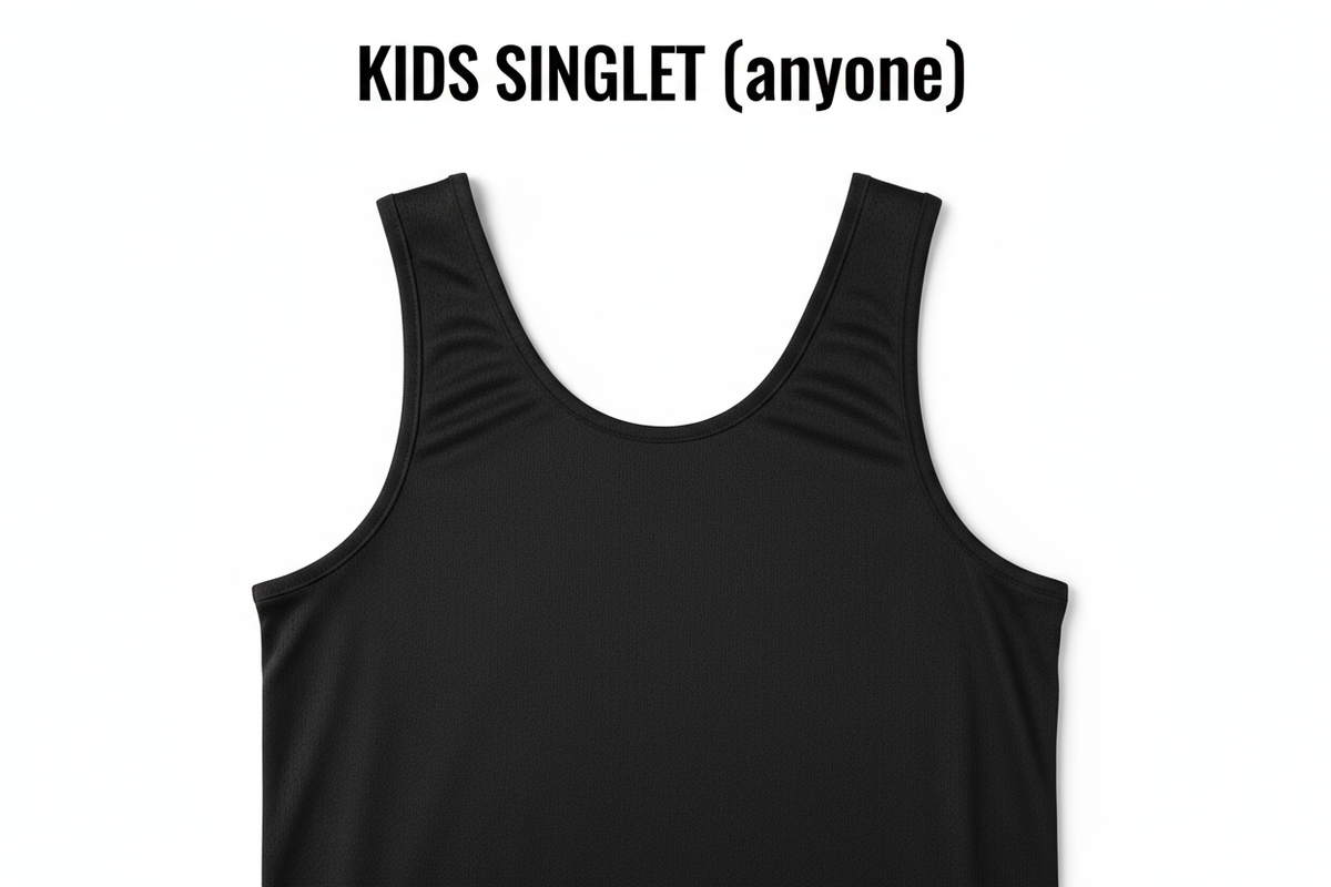 Plain black basketball singlet, "KIDS SINGLET (anyone
)" written above