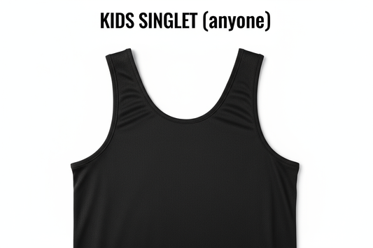 Plain black basketball singlet, "KIDS SINGLET (anyone
)" written above