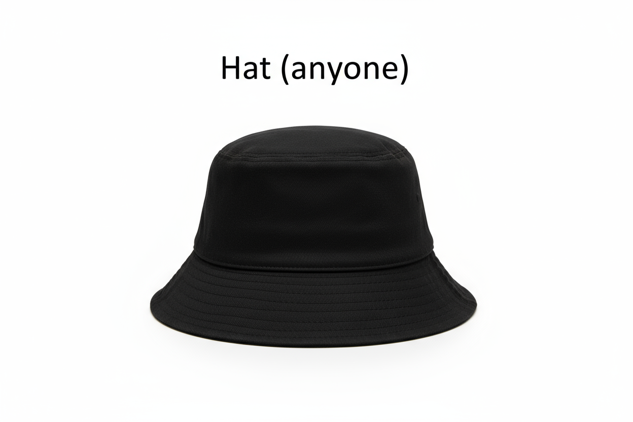 Plain black bucket hat, "Hat (anyone
)" written above