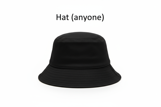 Plain black bucket hat, "Hat (anyone
)" written above