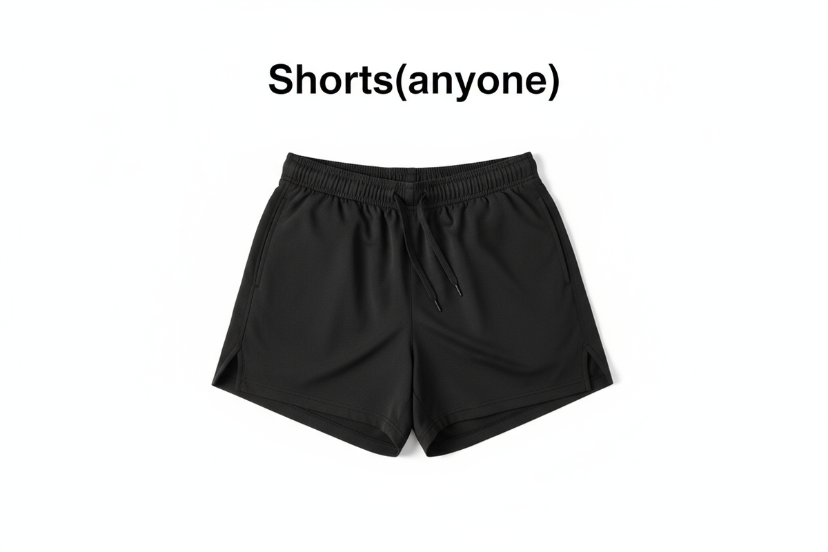 Plain black shorts "Shorts(anyone
)" written above