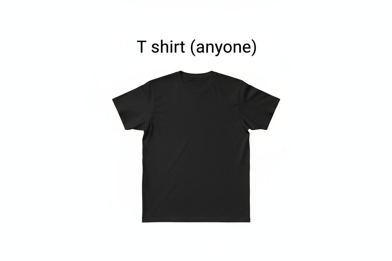 Plain black T shirt, "T shirt (anyone
)" written above