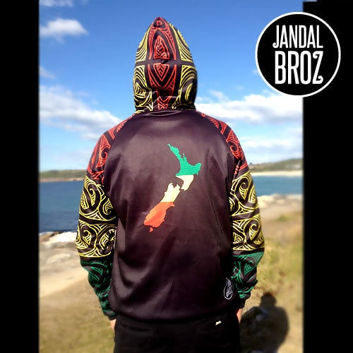 -Aotearoa Reggae hoodie Ta Moko Arms Red Yellow Green